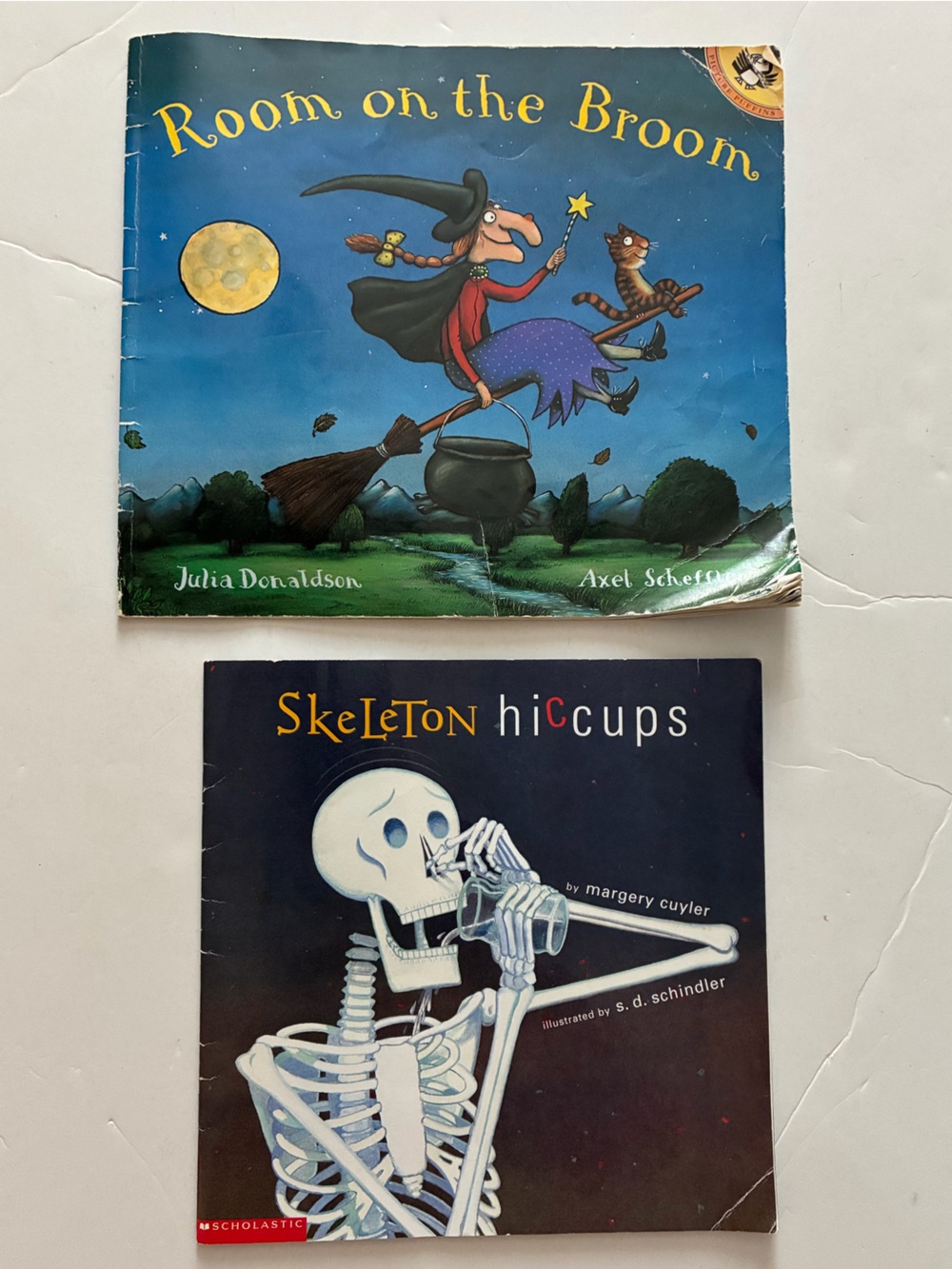 Room on the Broom written by Julia Donaldson and Skeleton hiccups